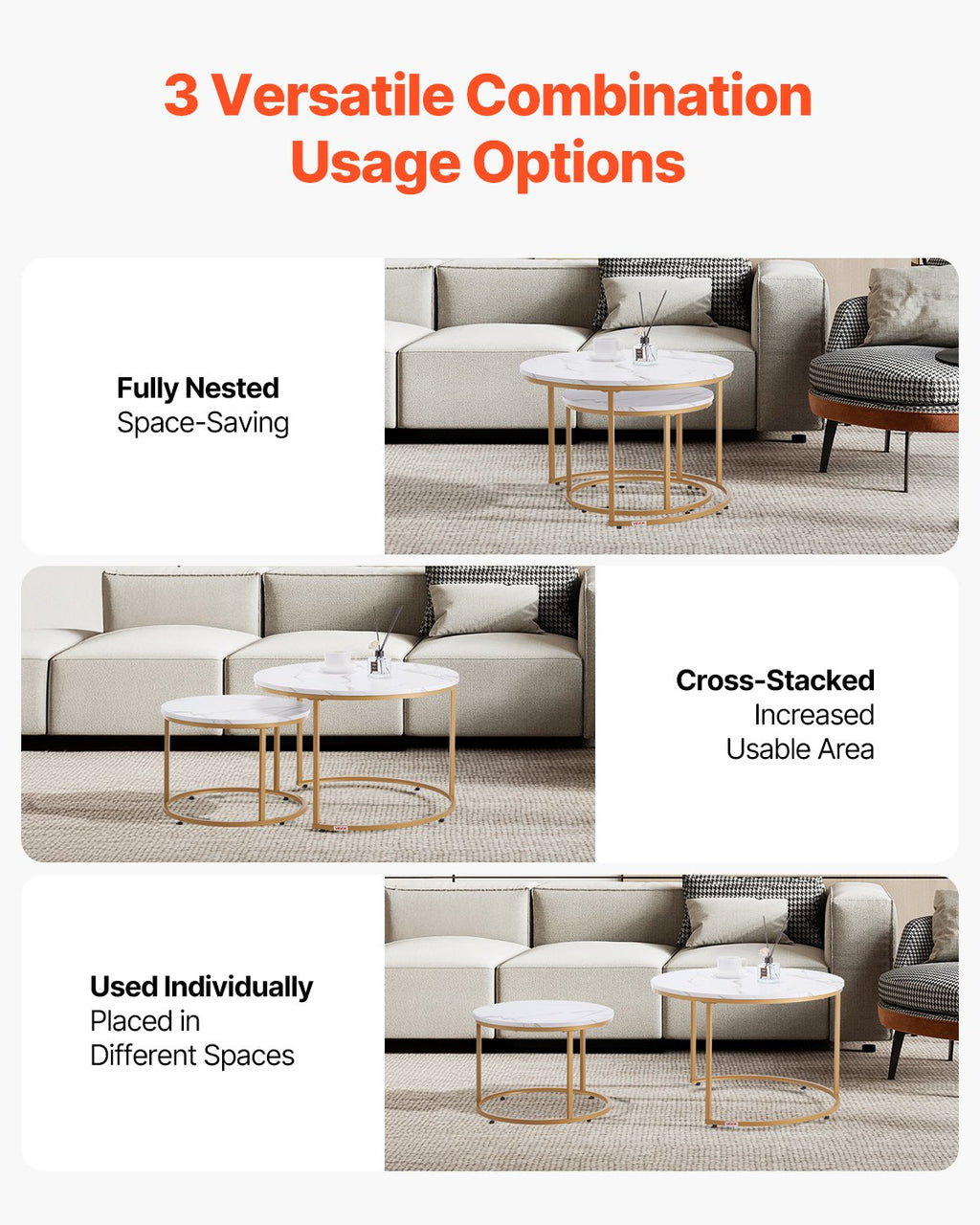 Nesting Coffee Table Set Of 2, 27.6 White & Gold