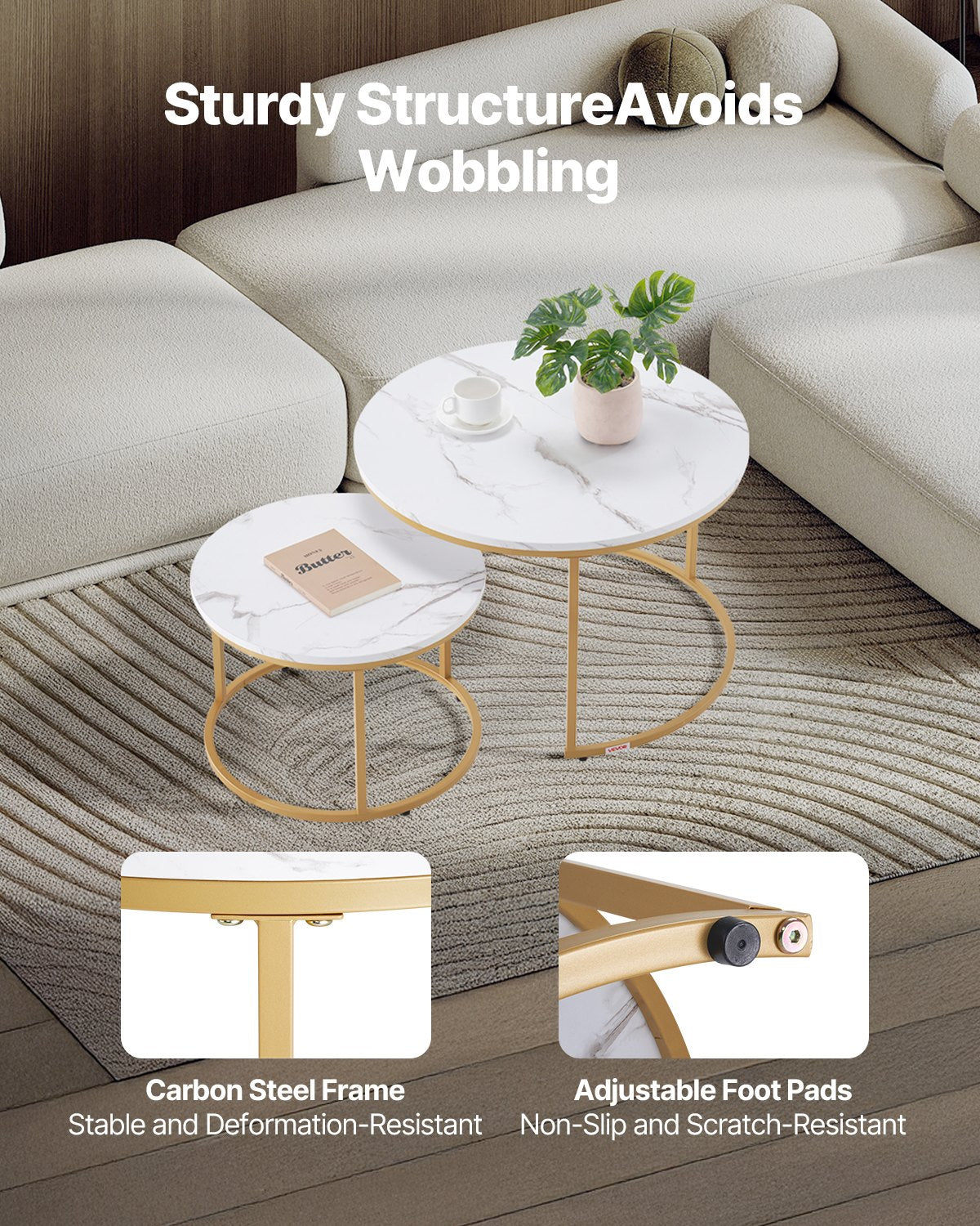Nesting Coffee Table Set Of 2, 27.6 White & Gold