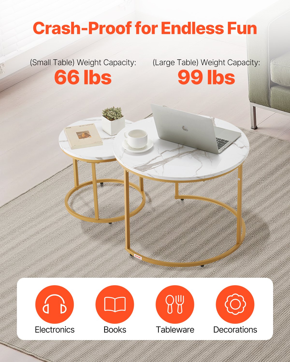 Nesting Coffee Table Set Of 2, 27.6 White & Gold